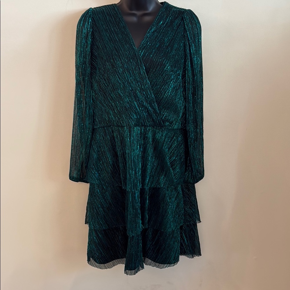 Leslie Fay Metallic Emerald Green Pleated Wrap Elegant Midi Dress Size 14